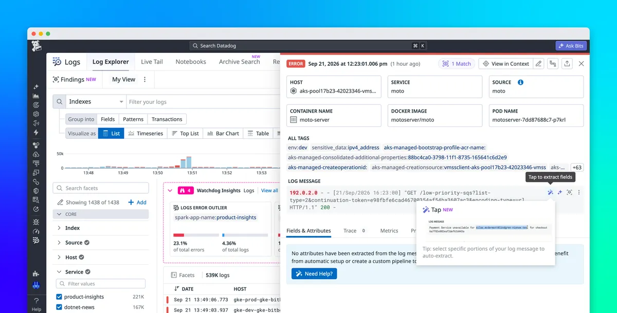 A Datadog Tap to Parse egy kattintással strukturálja a naplókat