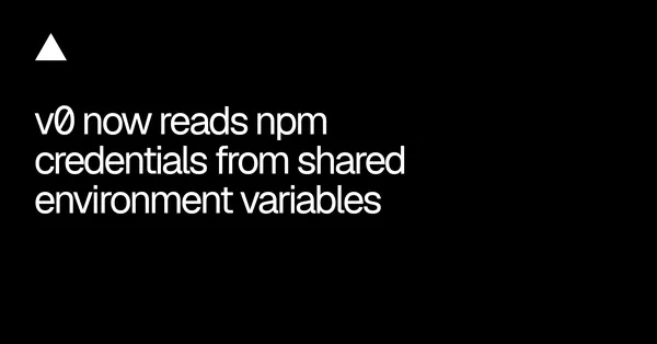 A v0 már megosztott Vercel-környezeti változókból olvassa az npm-hitelesítő adatokat